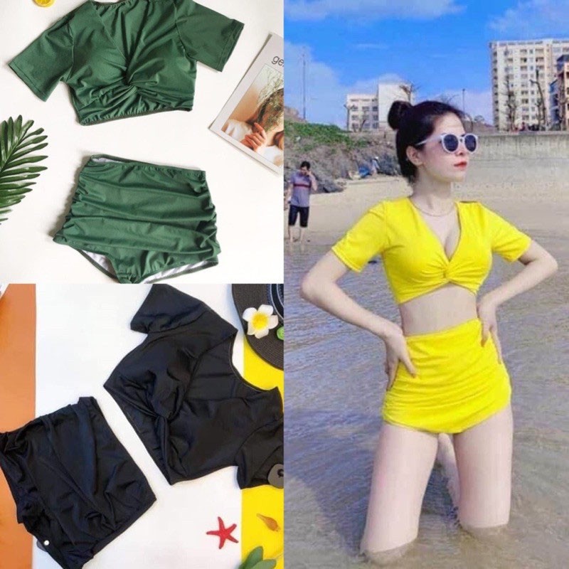 Bikini Đồ Bơi Nữ Hai Mảnh Quần Đùi Cạp Cao Áo Croptop Xoắn Ngực Tặng Kèm Mút Lót Ngực Tiện Lợi | QP001