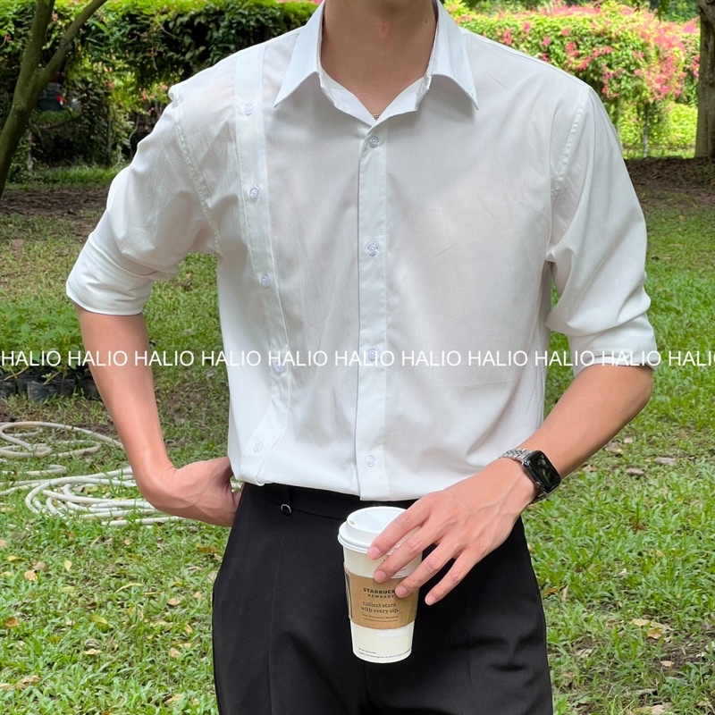 Áo sơ mi dài tay nam mẫu 2 vạt trắng, vải Cotton xịn, chuẩn form - Regular fit, đứng form - HALIOMAN