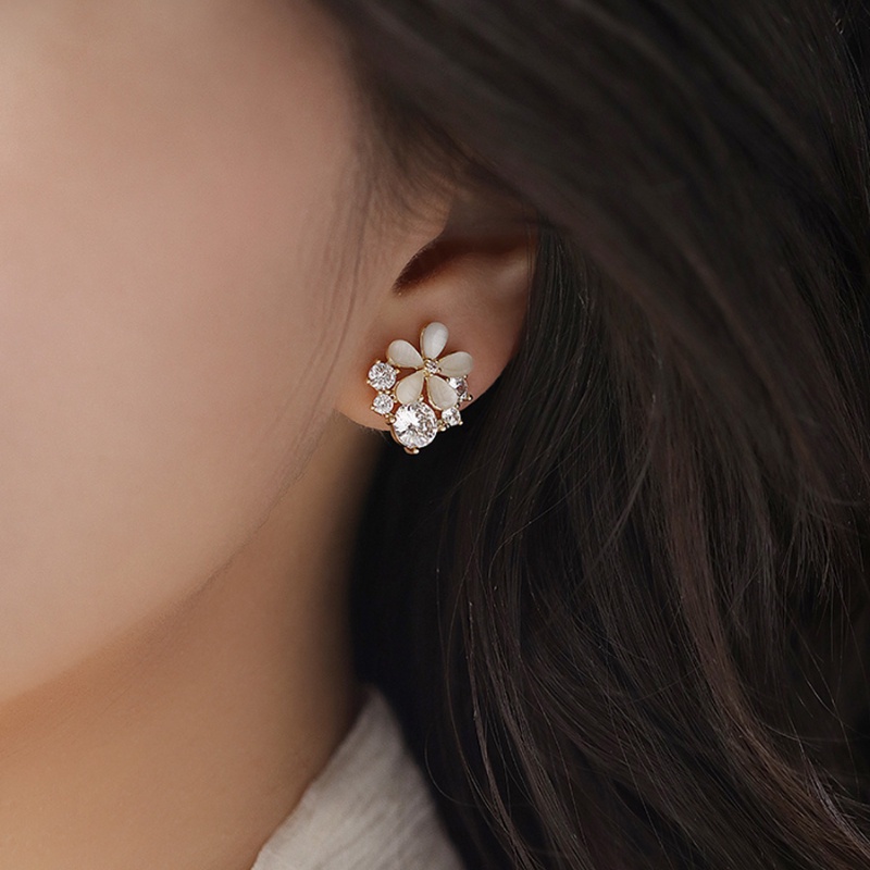 Bông Tai Mạ Bạc 925 Hình Hoa Đính Đá Opal Đơn Giản Cho Nữ