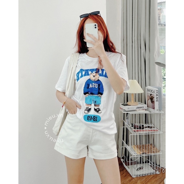Áo thun cổ tròn form rộng áo thun nữ in hình gấu MIEU - JM21
