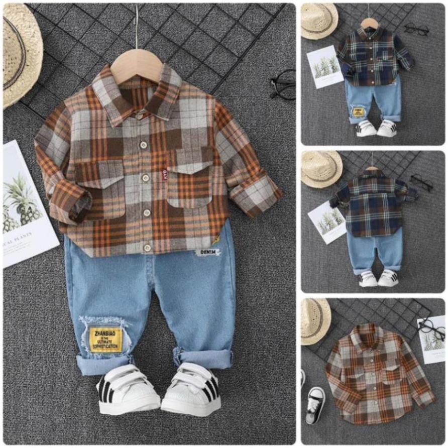 IBS9 Size80-120 Đồ Bộ cho bé trai. Quần jean + áo sơ mi sọc đen nâu Freeship Hàng Quảng Châu Thời trang trẻ em