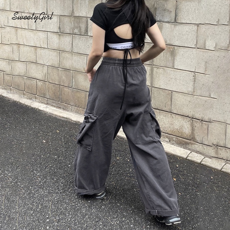 Quần Dài Eo Cao Dáng Rộng Phối Túi Màu Xám Trơn Trẻ Trung Hợp Thời Trang 2022 Cho Bạn Gái