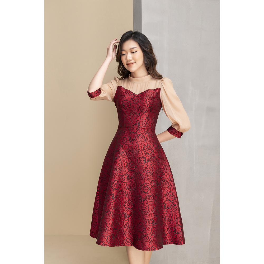 Váy Gấm Chữ A Xòe Nhẹ Phối Tay Thương Hiệu Luperi LFV3252