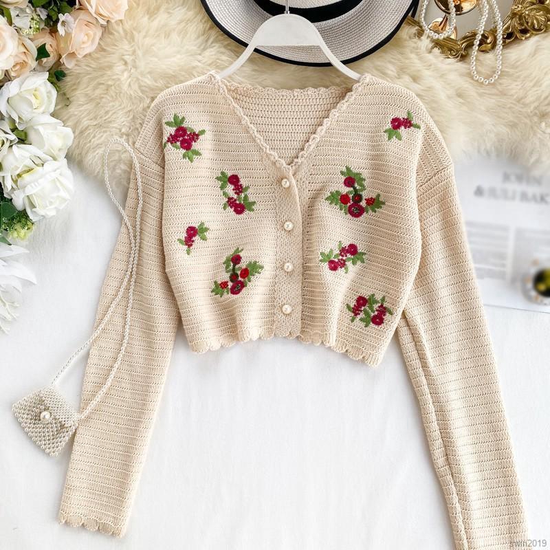 Áo khoác len cardigan thêu họa tiết phong cách retro xinh xắn thời trang cho nữ