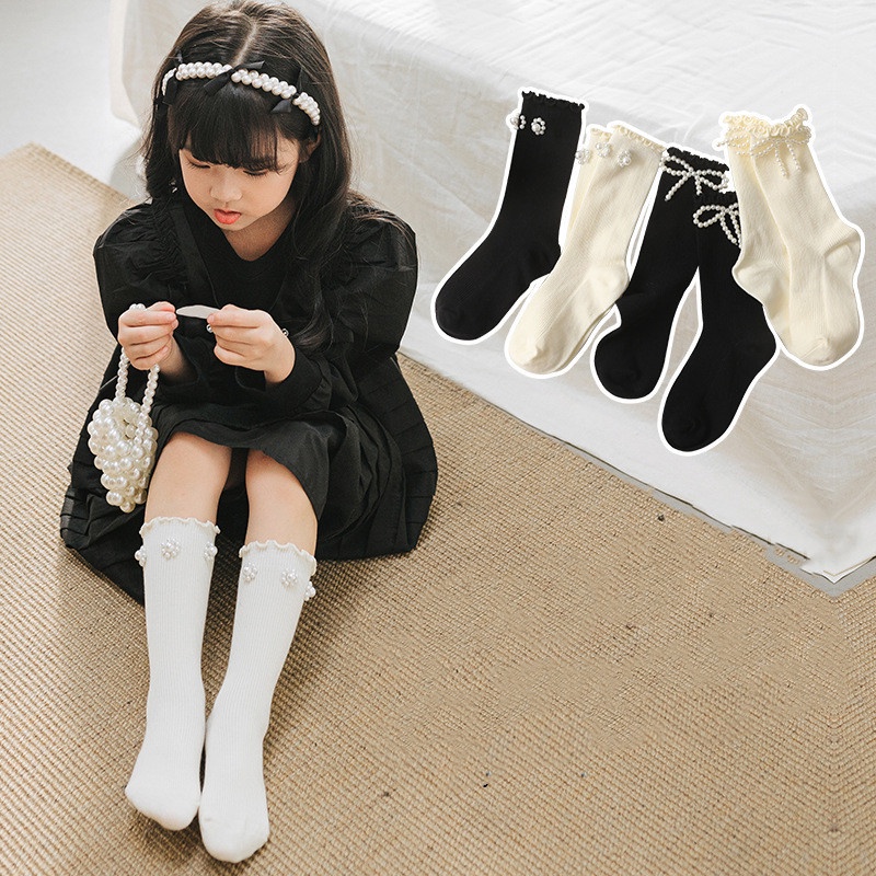 Vớ Cotton Màu Trơn Đính Ngọc Trai Cho Bé 3-12 Tuổi