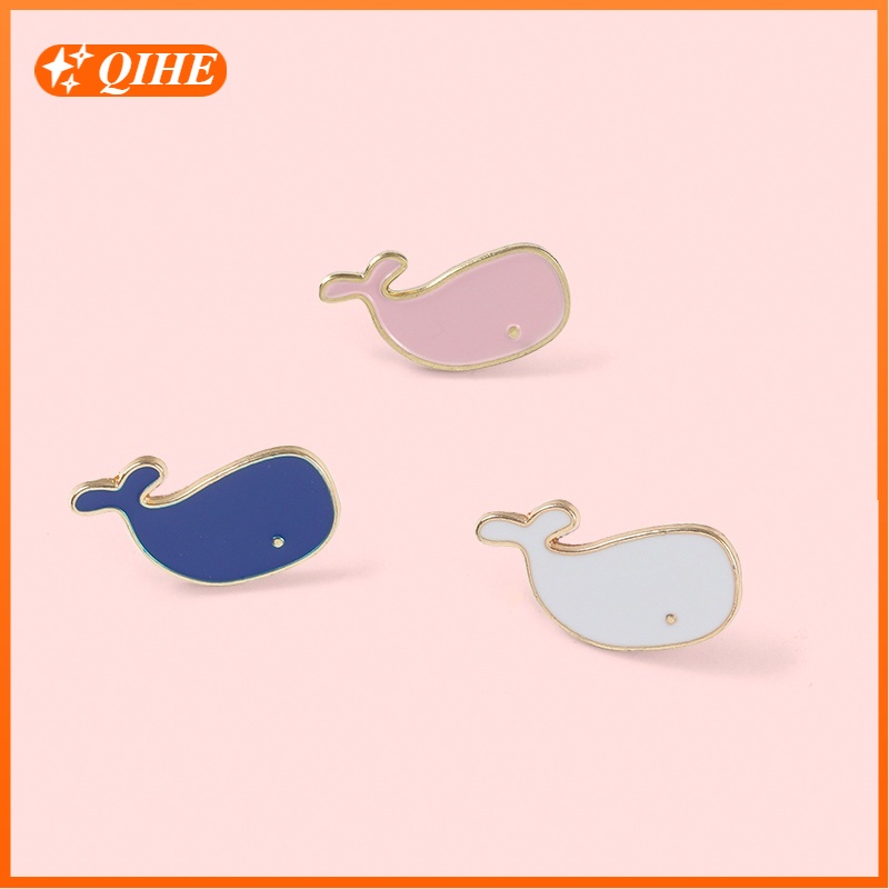 Ghim cài áo QIHE JEWELRY hình cá voi hoạt hình tráng men 3 màu dễ thương