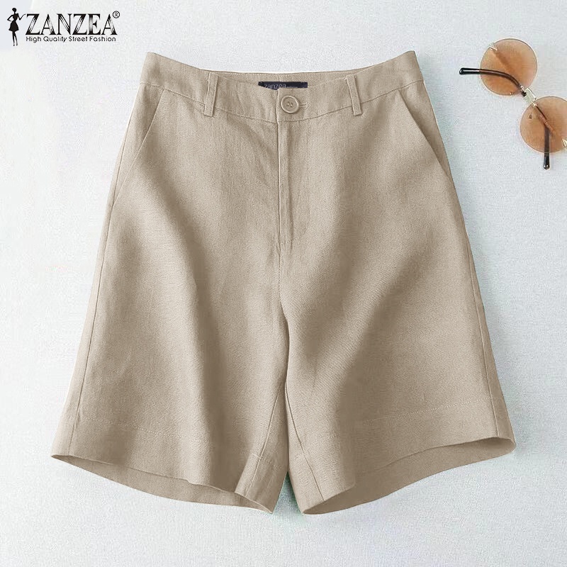 Quần short ZANZEA màu trơn có khóa kéo phía trước thời trang cho nữ zanzea