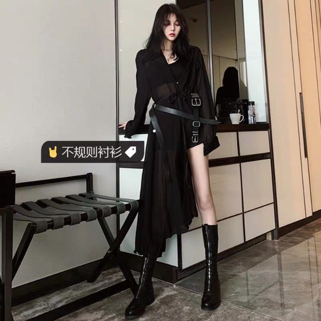 [ORDER+ẢNH THẬT] Set Áo choàng đen voan mỏng dài vạt chéo + đai xích Ulzzang siêu chất 😍