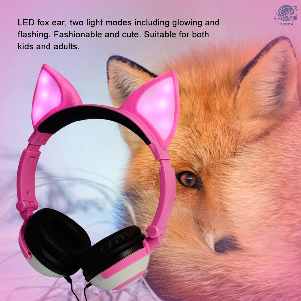 BF LX-X109 Foldable Fox Ear Headphones Flashing LED Lights for PC Laptop 3.5mm AUX Over-ear Headset Adjustable Headband Kids Earphone