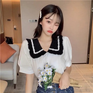[SALE] Áo sơmi croptop cổ pha đen