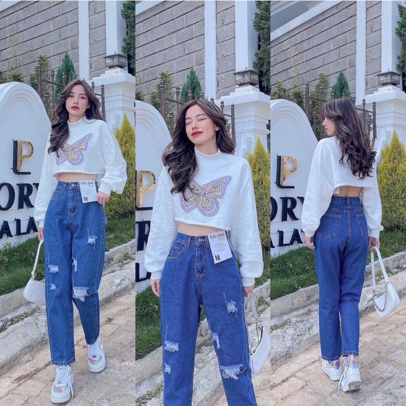 Quần Jean nữ dáng baggy cạp cao xước rách, vải mềm không co giãn, không bai xù, có big size cho 60kg.