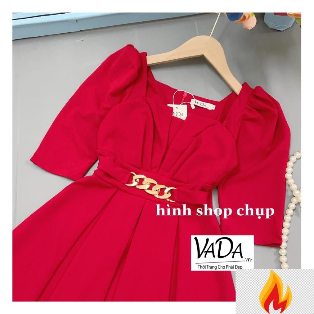 Đầm nữ dự tiệc màu đỏ thiết kế dáng xòe cổ vuông mới sang trọng- Thời Trang VADA (Đ2000) hfZ1