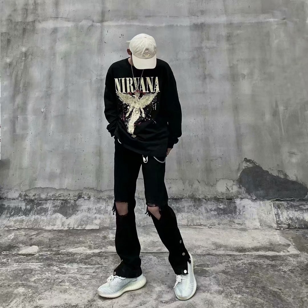 Quần dài phối kiểu rách thời trang phong cách đường phố retro Nhật Bản cho nam