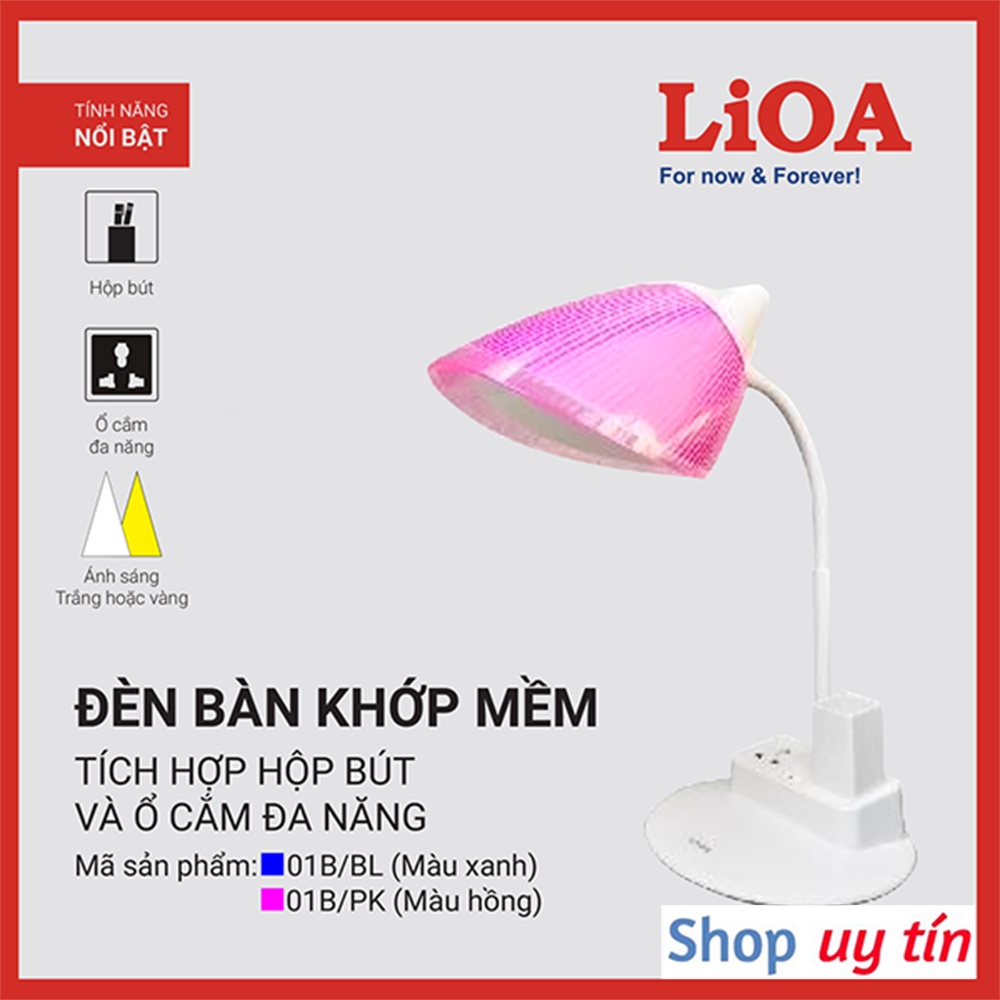Đèn bàn LiOA khớp mềm chống cận thị cho học sinh - Đèn để bàn học có hộp đựng bút và 2 ổ cắm đa năng