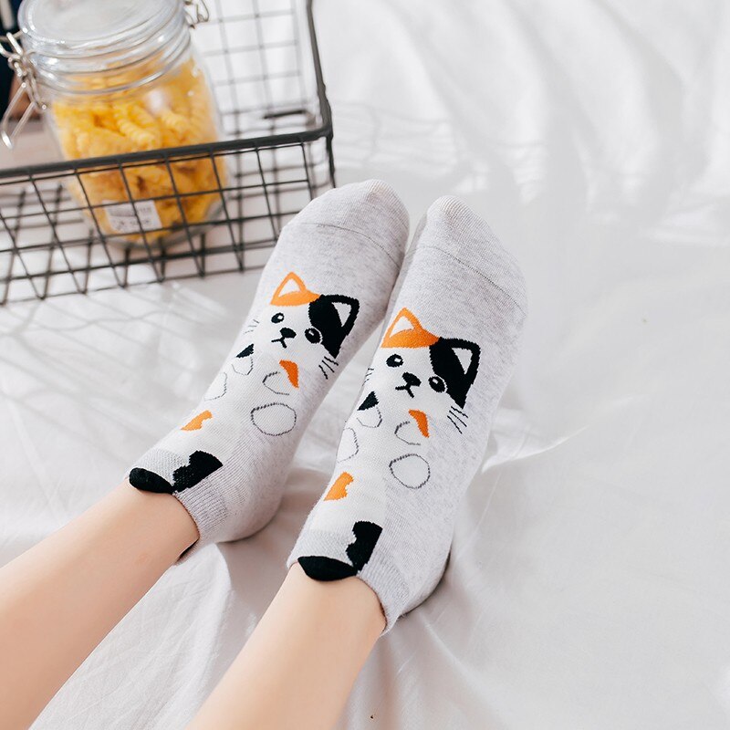 5 Pairs/Set Funny Cat Print Design Women Cotton Short Socks Crazy Cartoon Socks Women Cozy Novelty Casual Ankle Socks