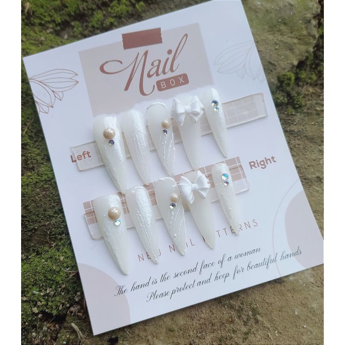 Bộ móng tay giả nail box móng úp cô dâu màu trắng thiết kế đính đá kèm keo 01