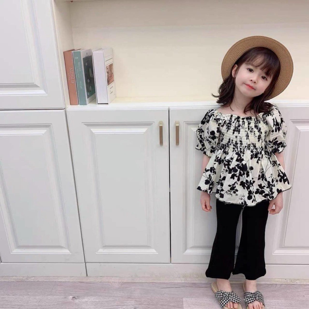 Đồ bộ bé gái set áo hoa đen quần loe tiểu thư cho bé