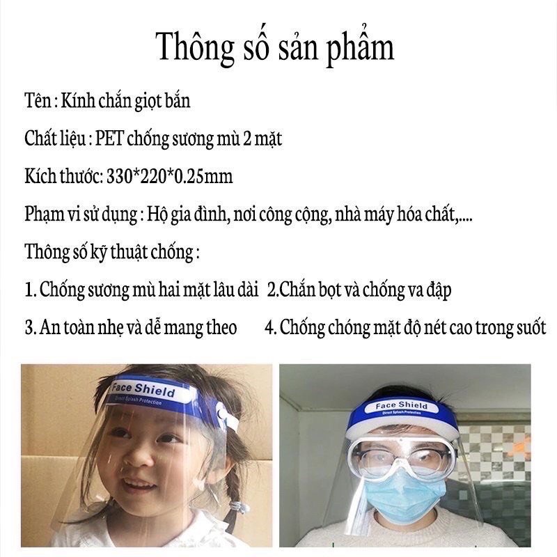 Kính chắn giọt bắn Face Shield tấm chắn bảo hộ phòng dịch y tế kháng khuẩn, dễ sử dụng dành cho mọi lứa tuổi và gia đình