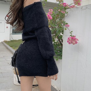 váy len lông trễ vai