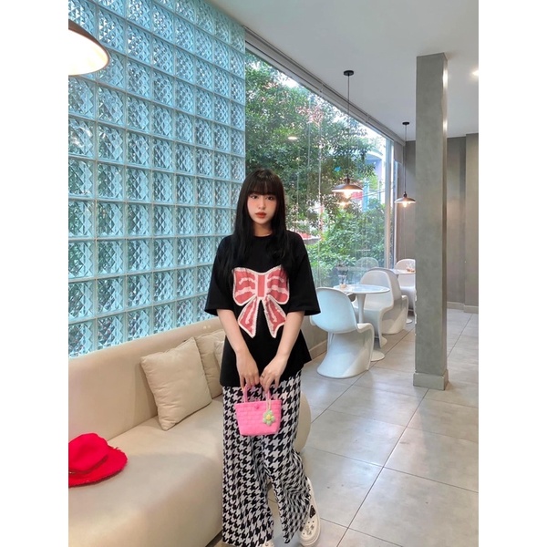 Set áo cotton đen nơ quần suông gân A9