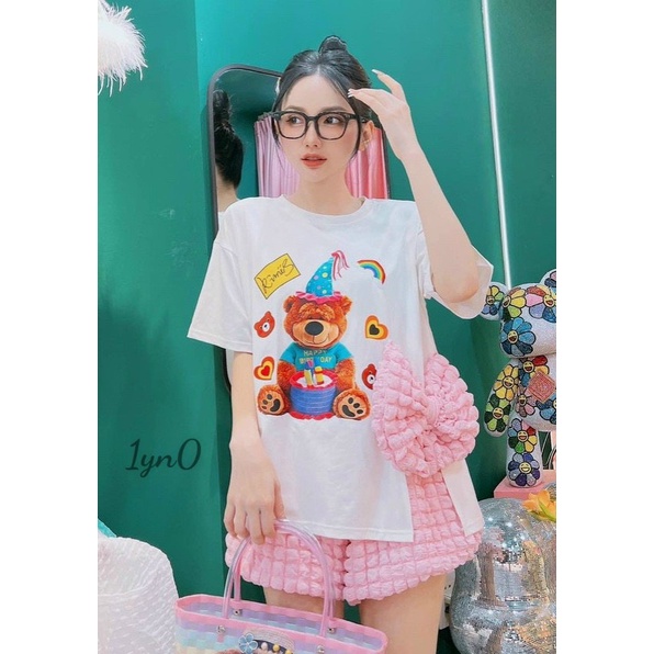 [9.9 Sales Freeship] Set bộ đùi xốp nữ đính nơ dễ thương, set áo thun in gấu xẻ lai quần đùi xốp nổi đi chơi cute