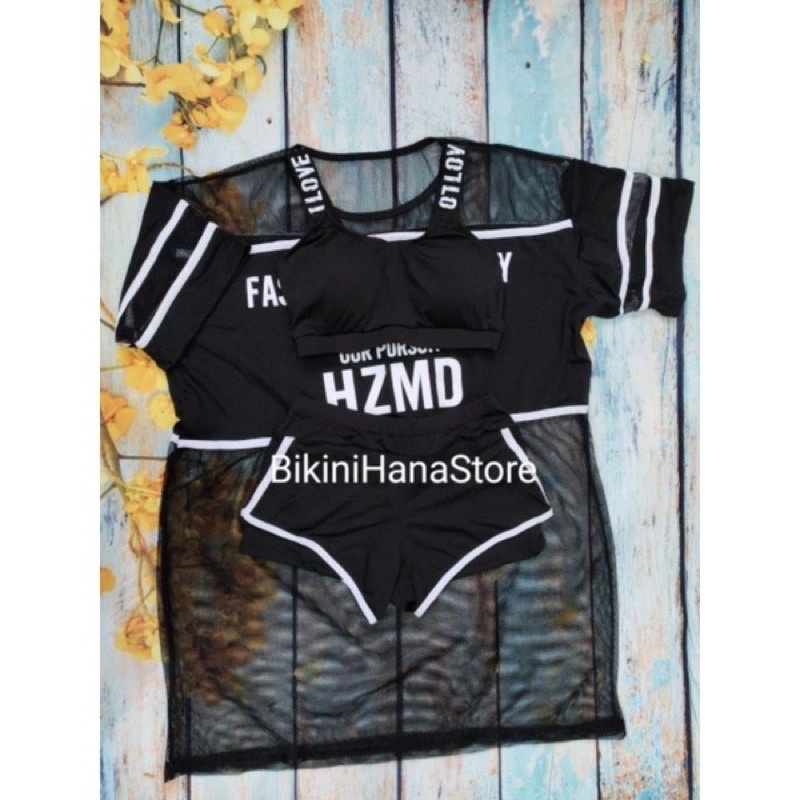Y hình - Set 3 món bikini, đồ bơi nữ đồ tập nữ kiểu dáng Hàn Quốc kèm áo lưới mặc ngoài, phù hợp học sinh, sinh viên