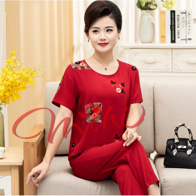 Đồ bộ trung niên cho mẹ B83 - Quần áo ngủ kiểu thời trang mặc nhà, đi chơi cho người trung tuổi đẹp cao cấp sang trọng