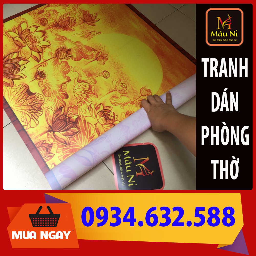 TRANH DÁN TƯỜNG Bàn thờ thần tài in trúc chỉ MÂU NI - kt 61x81cm - Sen hội tụ tỏa [ cạnh bài vị ông địa ] cần có