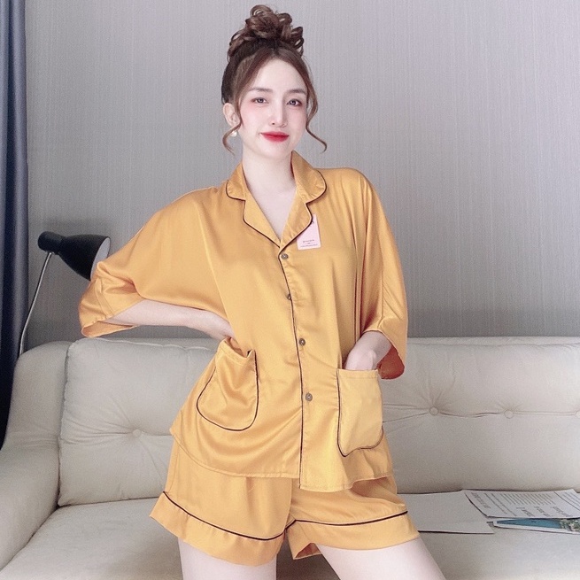 Đồ Bộ Pijama Cộc Tay Lụa Latin Mềm Mát, Đồ Bộ Mặc Nhà Quần Đùi Freesize - Linqu Sleepwear