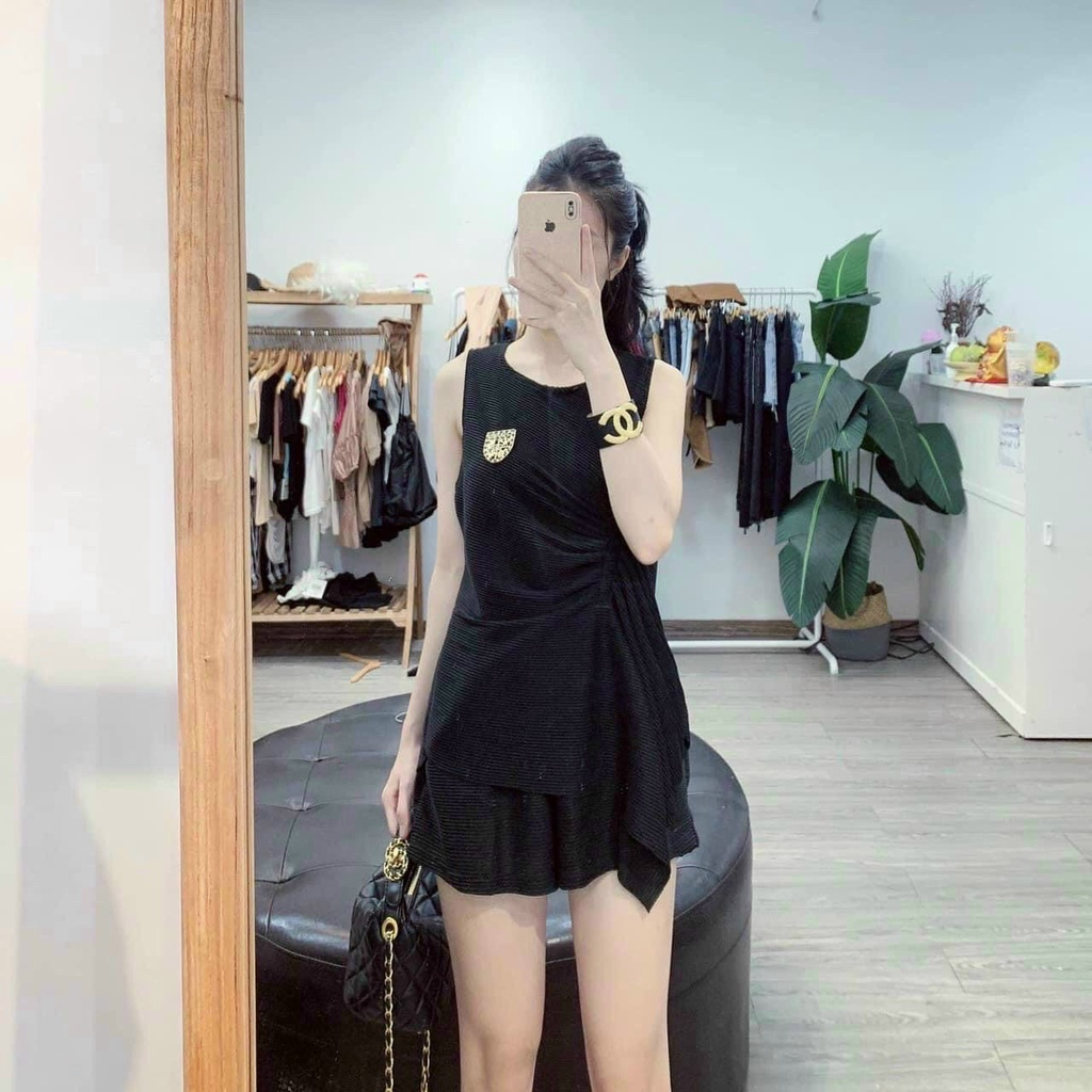 [8.8 Sales Freeship] Set bộ đùi áo sát nách rút dây hông mix quần sooc đùi. bộ thun gân áo kiểu lệch dễ thương