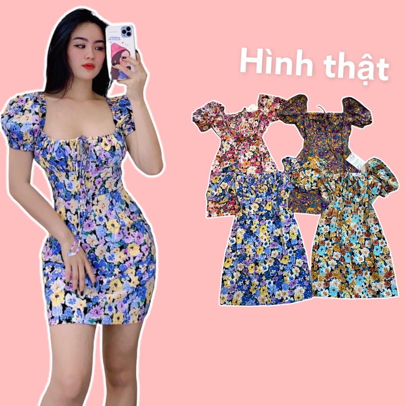 TPHCM Đầm Hoa Body Cổ Vuông Nơ Ngực CO SAN