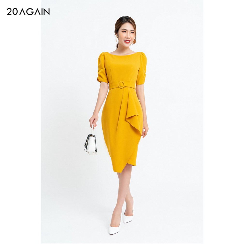 Đầm váy nữ dự tiệc 20AGAIN màu vàng, đủ size, cổ thuyền đai rời DOA0987