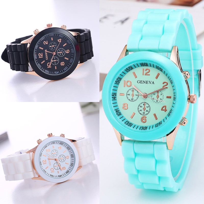Đồng hồ đeo tay mặt tròn dây silicone ba màu thời trang cho nữ YR