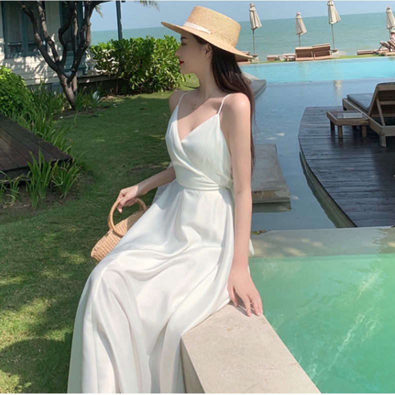 ☞Gió nhẹ nhàng Kỳ nghỉ bên bờ biển Váy đi biển hở lưng gợi cảm A-Line ~ Váy ôm cổ chữ V dài giữa màu trắng