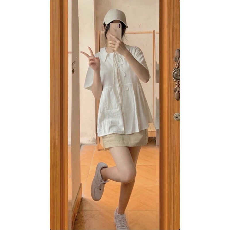Set chân váy nữ ngắn chữ A kèm áo babydoll trắng ngắn tay buộc dây, Set chân váy ngắn chữ A kèm áo sơ mi trắng cộc tay | BigBuy360 - bigbuy360.vn