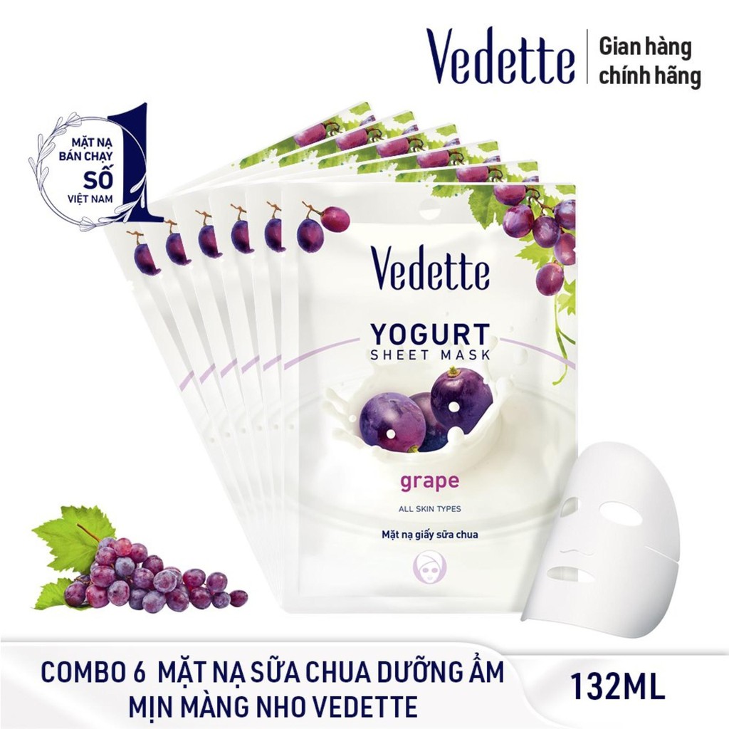 COMBO 6 MẶT NẠ GIẤY SỮA CHUA NHO 22ml VEDETTE - LÀM ẨM &amp; TƯƠI TRẺ LÀN DA - TPMY083