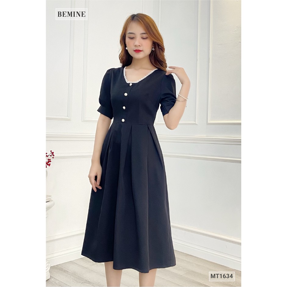 [Mã WABRWA15 giảm 15% đơn 300K] Đầm xòe đính nút cổ V phối ren BEMINE MT1634DEN | BigBuy360 - bigbuy360.vn