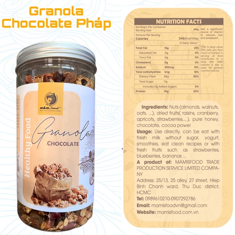 Ngũ cốc granola, granola siêu hạt ngũ cốc ăn kiêng M&amp;M Harvest nướng mật ong không đường 500g