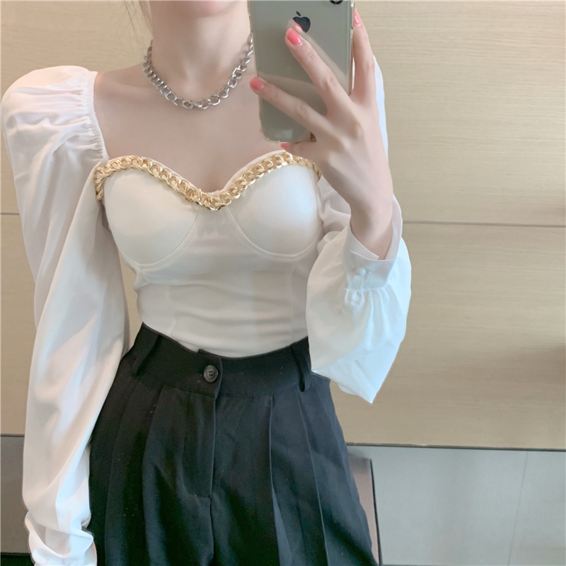 Áo kiểu tay dài cổ vuông phối dây xích thời trang mùa thu dễ phối đồ