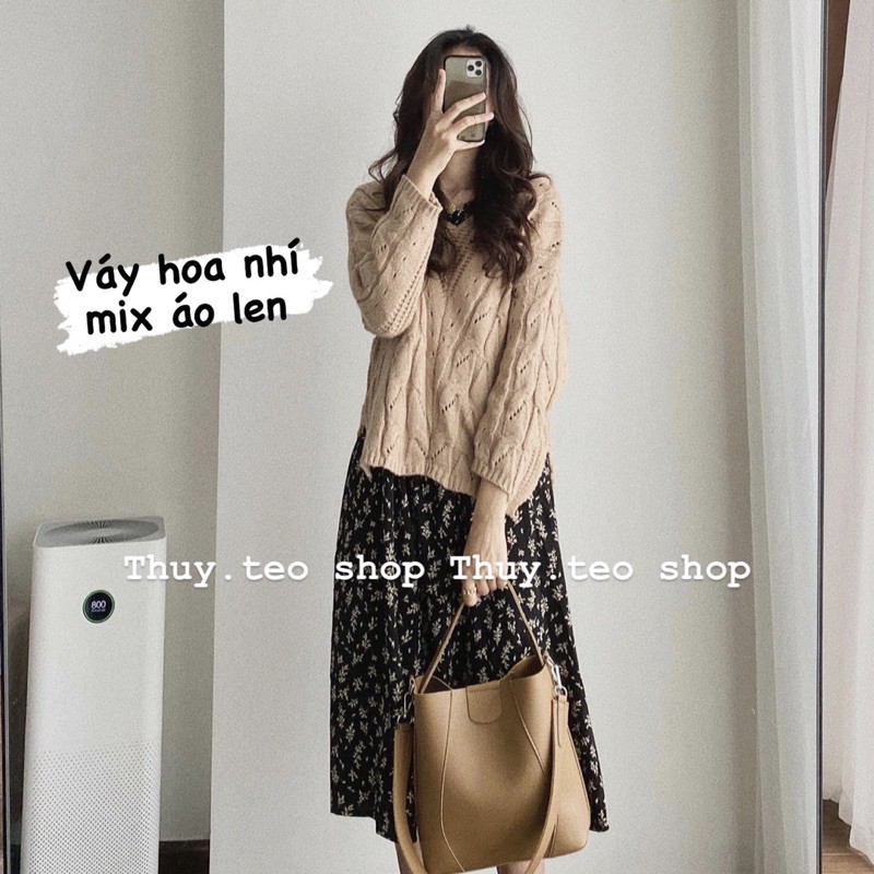 (Váy Babydoll Ulzzang cổ tim hoa nhí tay chun ( hình thật, sẵn)