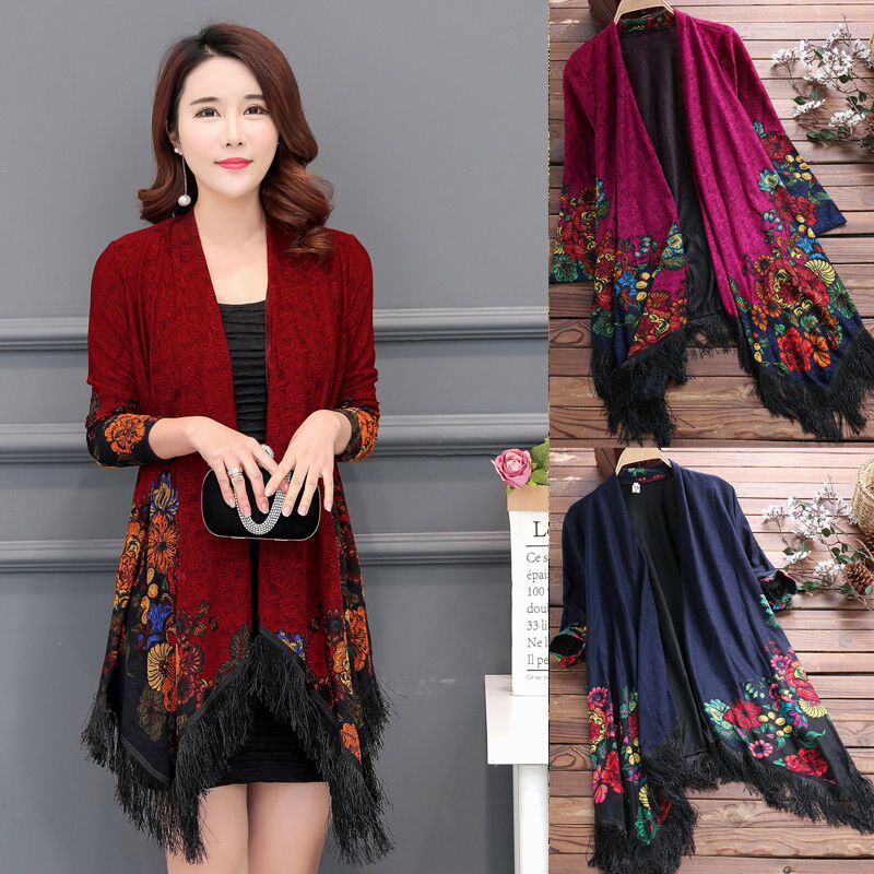 Áo Khoác Kimono Tay Dài Hoạ Tiết Hoa Thiết Kế Mới Cho Phái Nữ