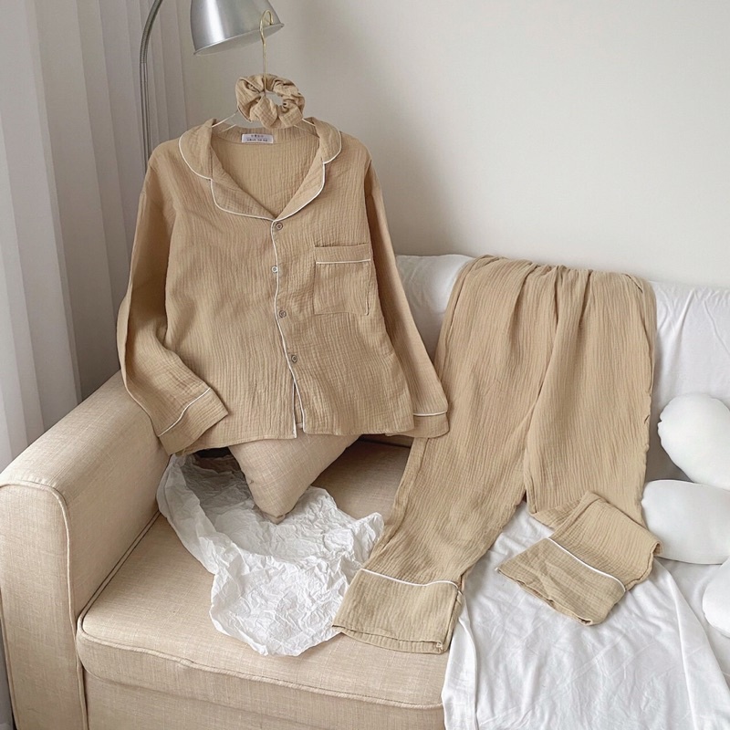 [ Ảnh thật ] Sét bộ ngủ pyjama chất đũi xươc  trơn cổ vest