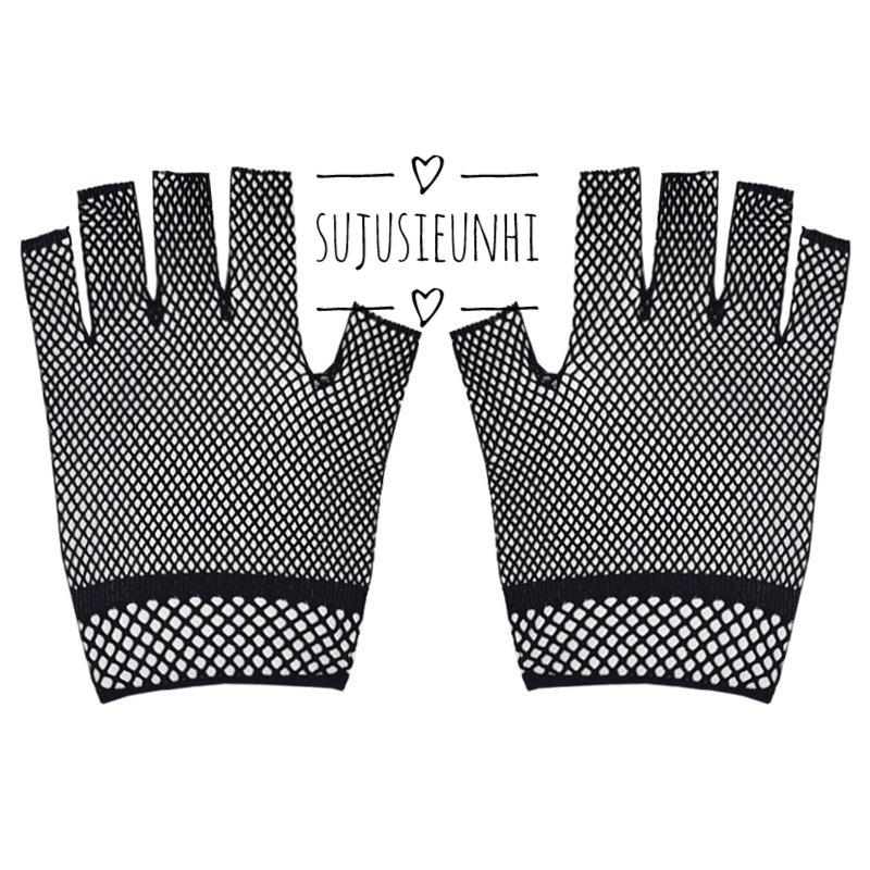 (2 màu) 1 đôi găng tay lưới viền ngắn tới cổ tay hở nửa ngón co giãn phong cách gothic