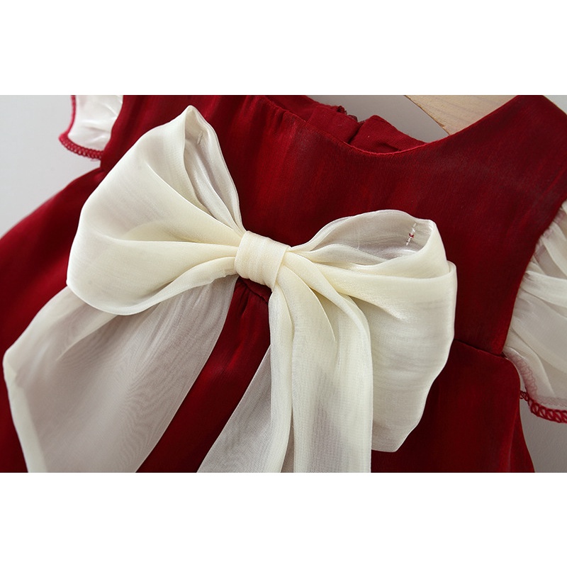 Đầm Công Chúa Vải Voan Cổ Tròn Đính Nơ Màu Đỏ Cho Bé Gái