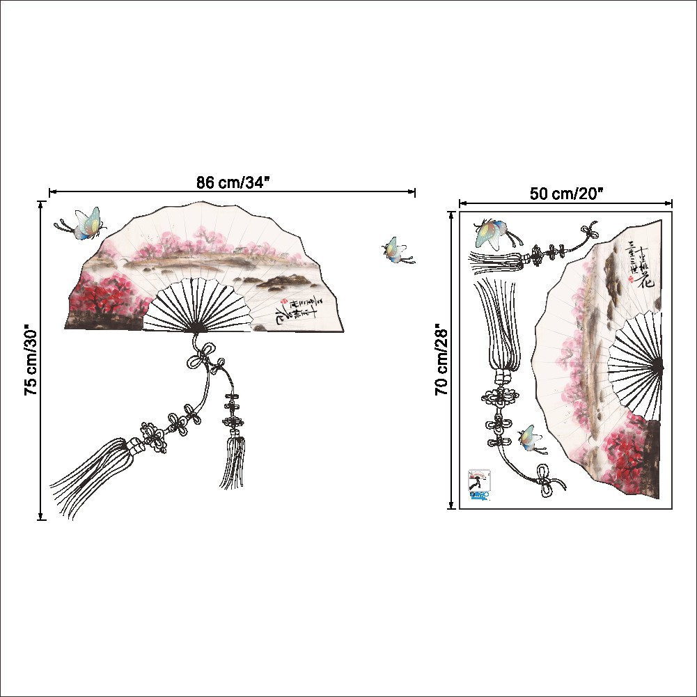 Miếng dán tường trang trí hình cây quạt họa tiết hoa đào