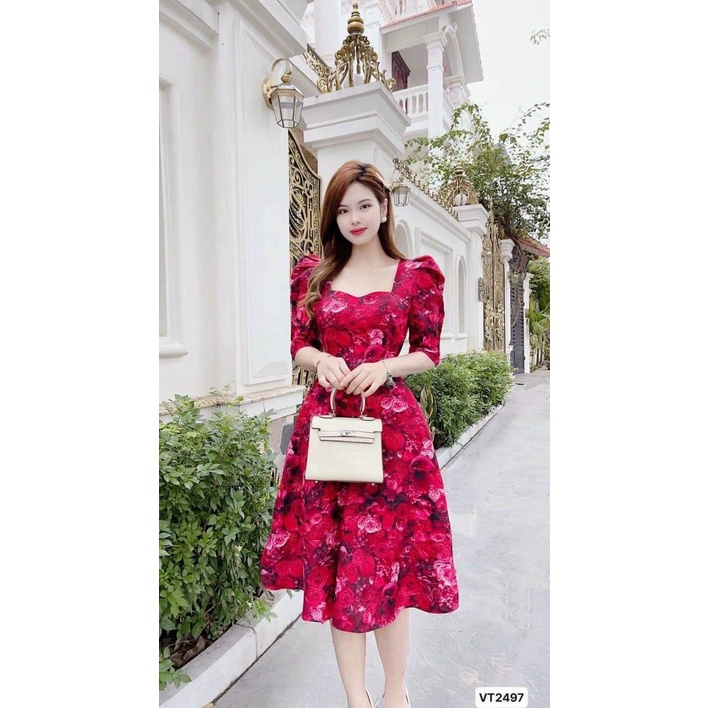 Đầm hoa họa tiết 2 màu đỏ và hồng phối cổ vuông ống tay phồng cực kì thanh lịch