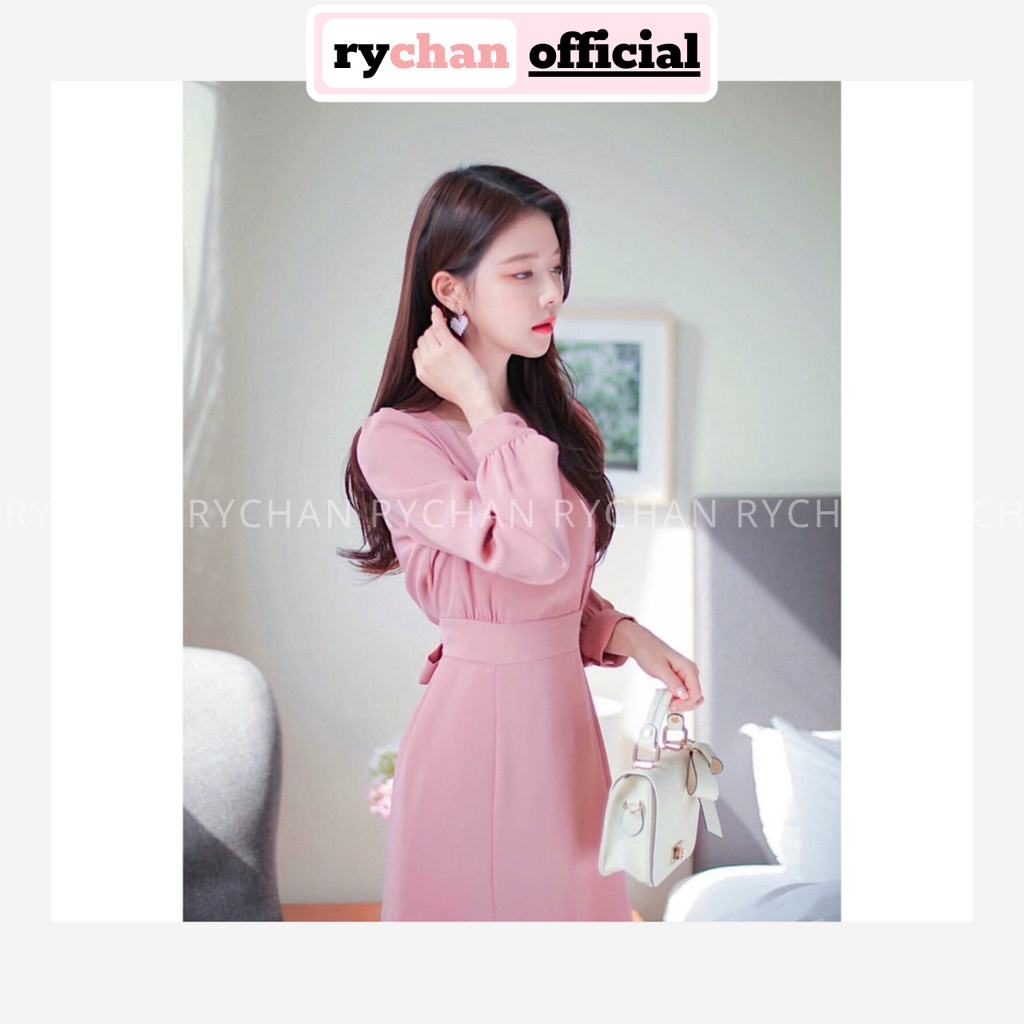 [ẢNH THẬT CUỐI] Đầm Xòe Hồng Cổ V Tay Dài Buộc Eo - DX832