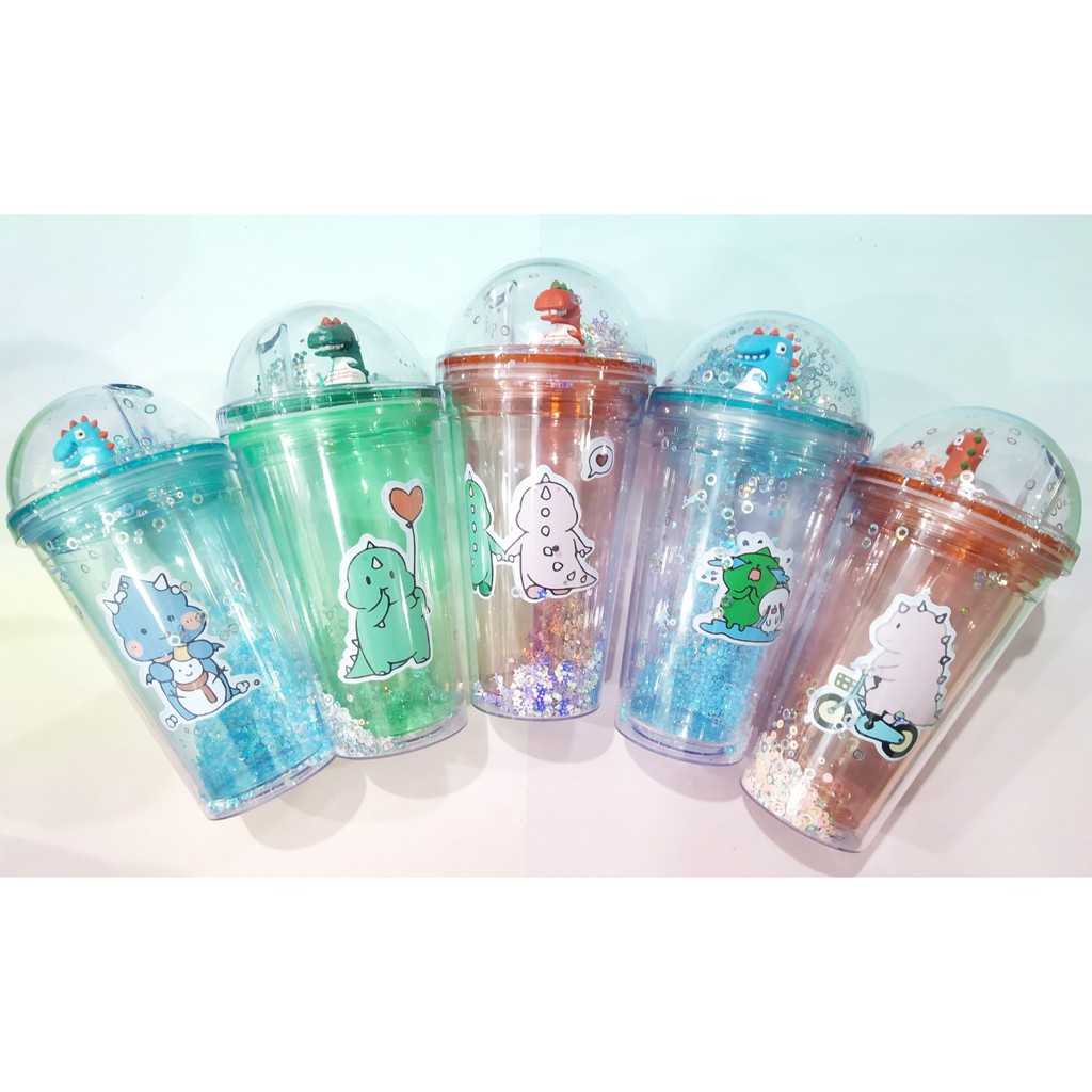 cốc 2 lớp kim tuyến khủng long nắp cầu CNCKI23 cốc giữ nhiệt ly 2 lớp nắp cầu cốc làm lạnh dễ thương 500ml