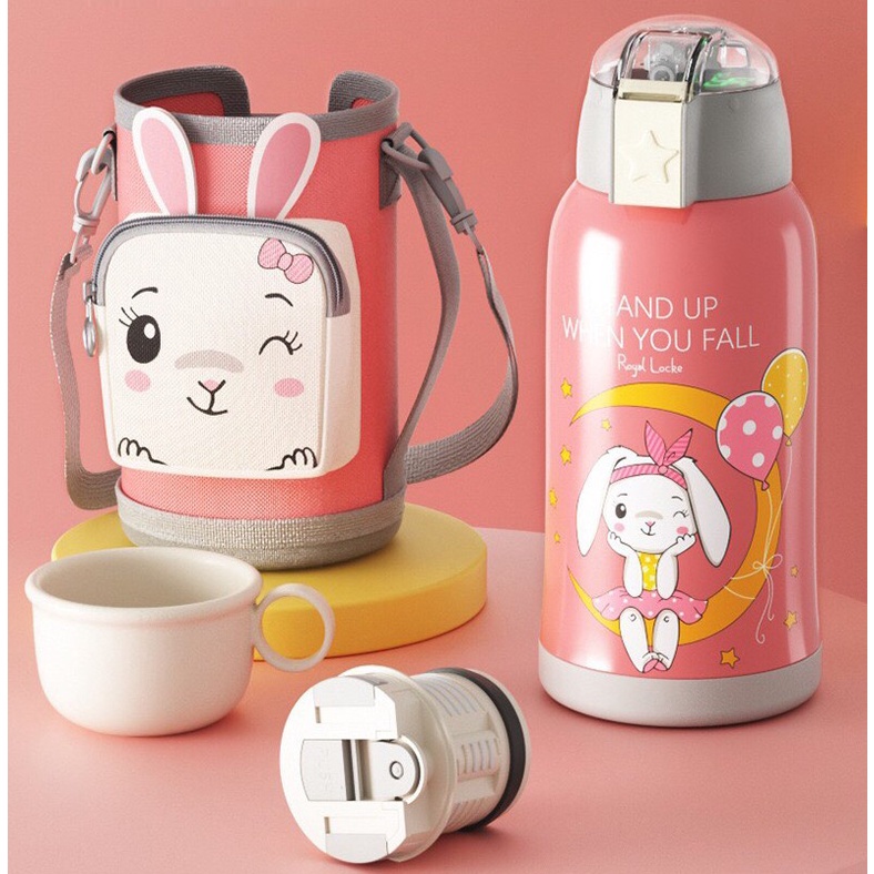 Bình Giữ Nhiệt Cho Trẻ em - Có Ống Hút, 2 Nắp Tiện Lợi, Chất Liệu Thép Không Gỉ inox 304 Cao Cấp, An Toàn Tuyệt Đối