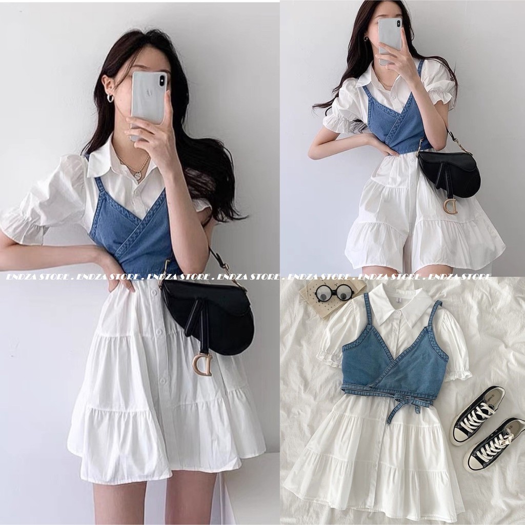 Đầm Tay Phồng/Áo Hai Dây Vải Denim Kiểu Retro Xinh Xắn. Set Váy 2 Chi Tiết Trắng Xanh Dễ Thương - ENDZA STORE